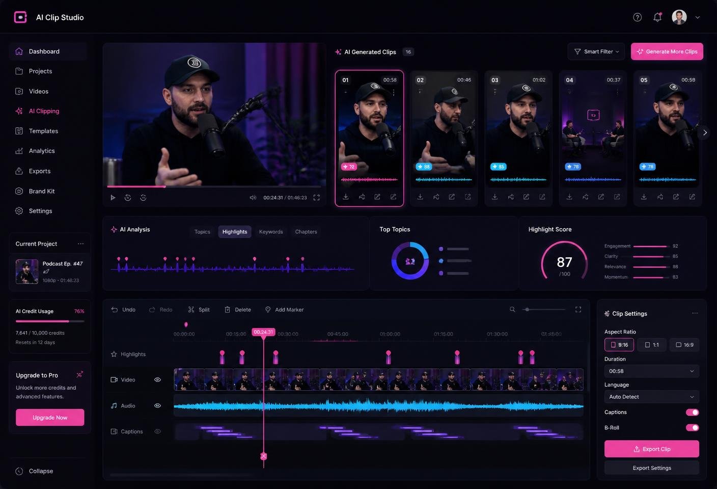 ClipForge dashboard showing AI-generated clips, waveform timeline and hook scores